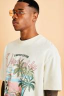 Mens Ecru Oversized Heavyweight Scenic Palm T-Shirt