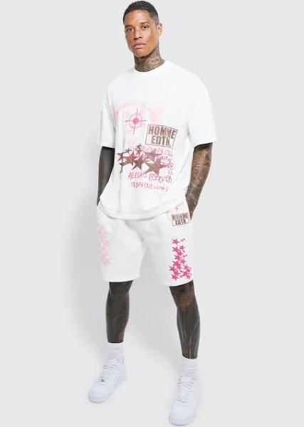 Mens Ecru Oversized Star Graphic T-Shirt & Short Set