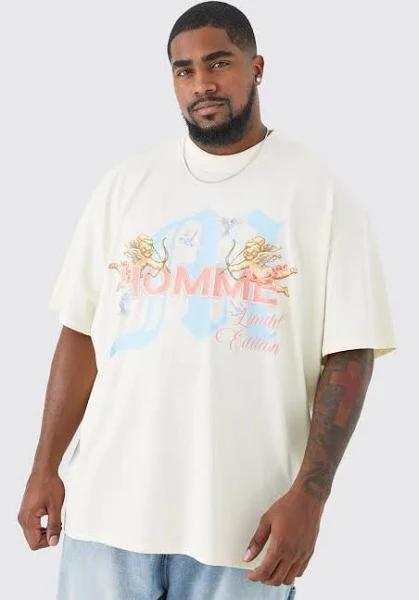 Mens Ecru Plus Oversized Heavyweight Cupids Love T-Shirt