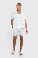 Mens Ecru Short Sleeve Boxy Mini Stripe Shirt and Short