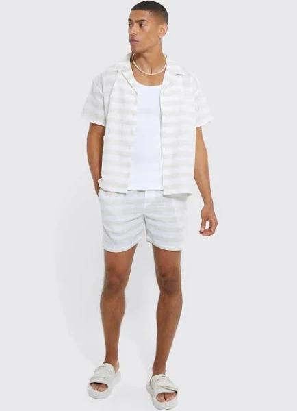 Mens Ecru Short Sleeve Boxy Mini Stripe Shirt and Short