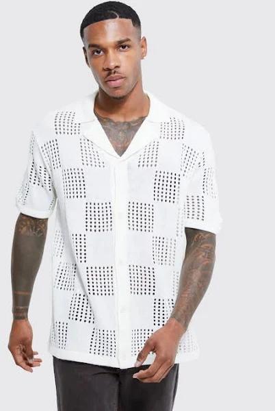 Mens Ecru Short Sleeve Checkerboard Open Stitch Shirt