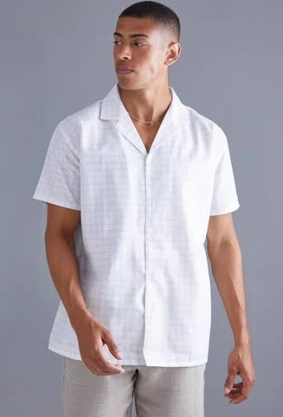 Mens Ecru Short Sleeve Oversized Grid Check Shirt