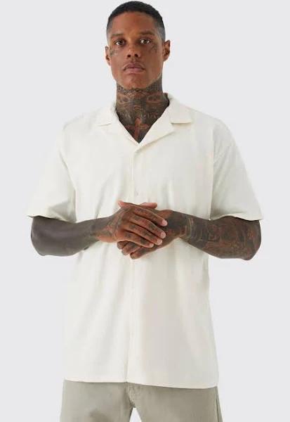 Mens Ecru Short Sleeve Oversized Revere Jersey Shirt