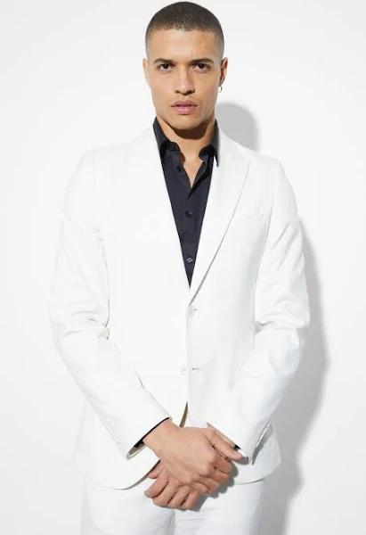 Mens Ecru Skinny Single Breasted Linen Suit Jacket