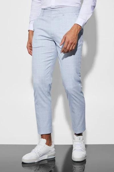 Mens Ecru Slim Crop Micro Check Suit Trousers