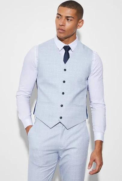 Mens Ecru Slim Micro Check Waistcoat