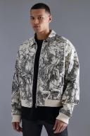 Mens Ecru Tall Boxy Printed PU Collared Bomber Jacket