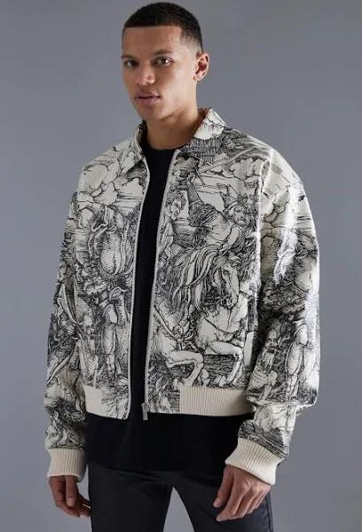 Mens Ecru Tall Boxy Printed PU Collared Bomber Jacket