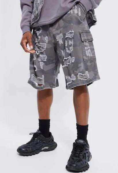 Mens Fixed Waist Parachute Extreme Rip Cargo Camo Short