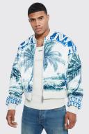 Mens Green Boxy Satin Printed Bomber