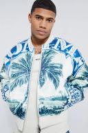 Mens Green Boxy Satin Printed Bomber