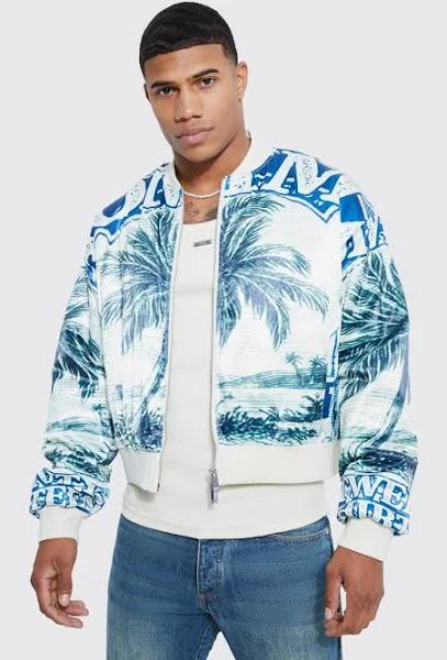 Mens Green Boxy Satin Printed Bomber