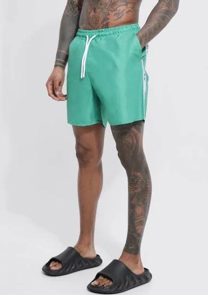 Mens Green Mid Length Man Tape Swim Shorts