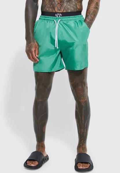 Mens Green Mid Length Man Waistband Swim Shorts