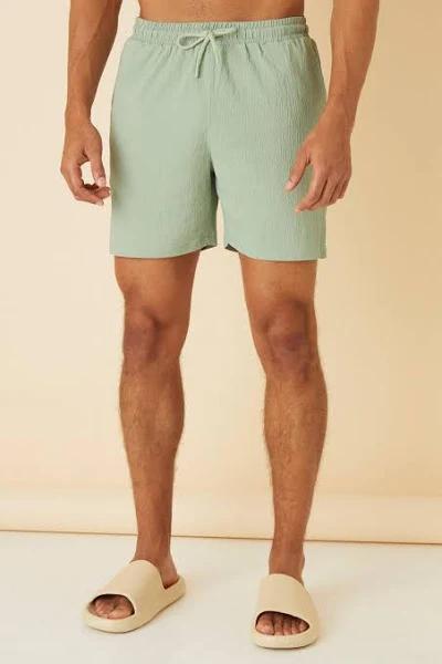 Mens Green Mid Length Seersucker Swim Shorts