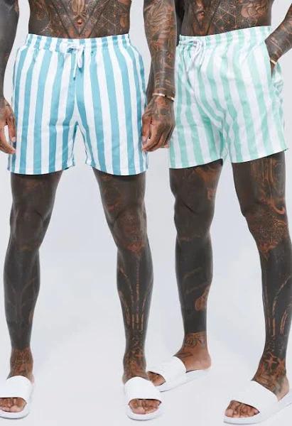 Mens Green Mid Length Striped 2 Pack Swim Shorts