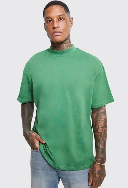 Mens Green Oversized Extended Neck Heavy Weight T-Shirt