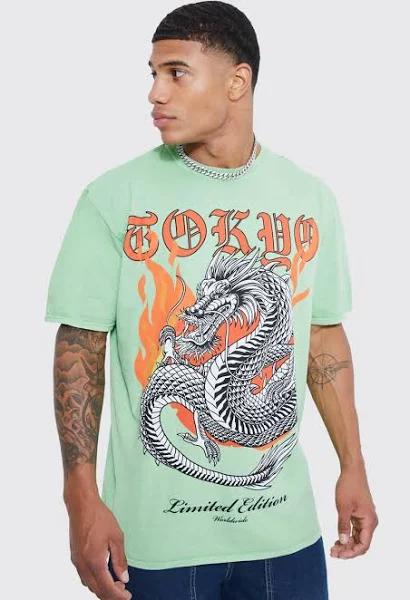 Mens Green Oversized Overdyed Dragon Graphic T-Shirt