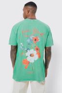 Mens Green Oversized Overdyed Floral Back Graphic T-Shirt