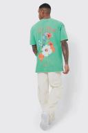 Mens Green Oversized Overdyed Floral Back Graphic T-Shirt