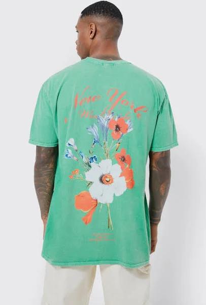 Mens Green Oversized Overdyed Floral Back Graphic T-Shirt