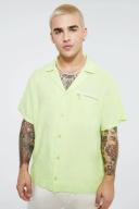 Mens Green Short Sleeve Linen Boxy Dropped Revere Shirt