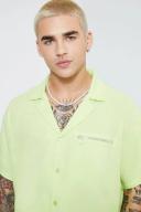 Mens Green Short Sleeve Linen Boxy Dropped Revere Shirt