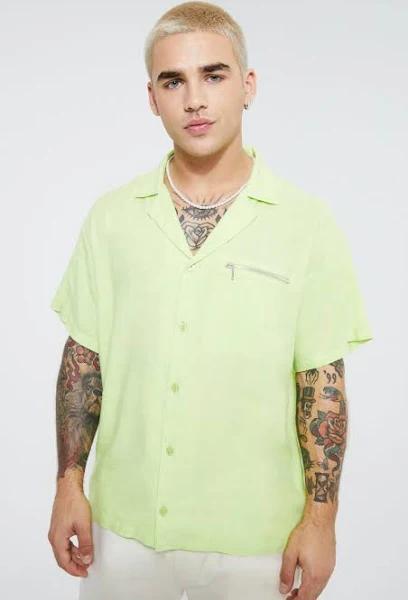 Mens Green Short Sleeve Linen Boxy Dropped Revere Shirt