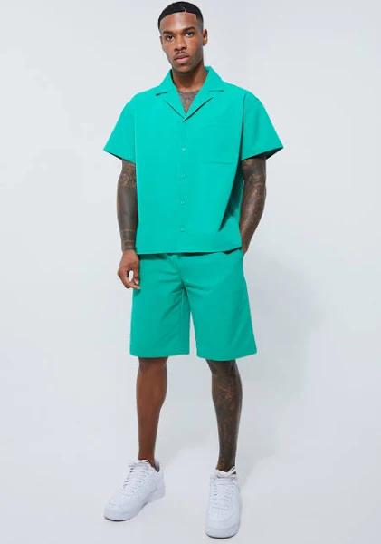 Mens Green Short Sleeve Revere Boxy Technical Shirt & Short Set