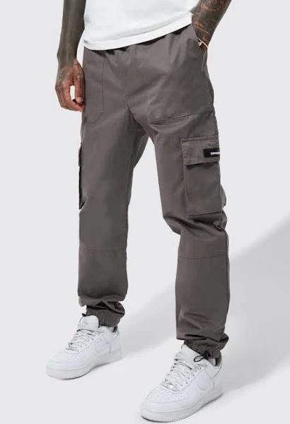 Mens Grey Elastic Waist Slim Fit Buckle Cargo Jogger