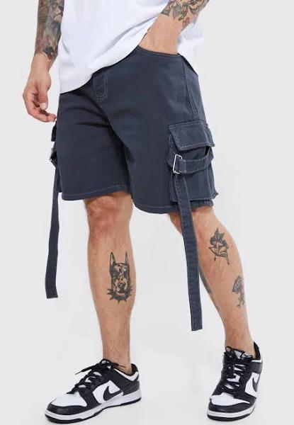 Mens Grey Fixed Relaxed Cargo With Strap Detail Short