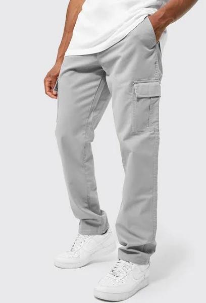 Mens Grey Fixed Waist Straight Leg Twill Cargo Trouser