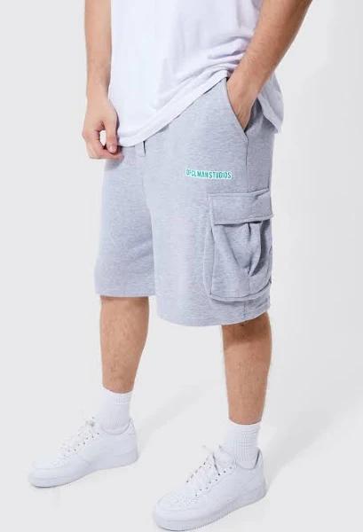Mens Grey Marl Tall Oversized Drop Crotch Ruched Cargo Short