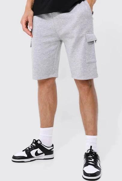 Mens Grey Marl Tall Slim Fit Mid Length Jersey Cargo Short