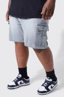 Mens Grey Plus Elastic Waist Relaxed Acid Wash Cargo Shorts