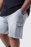 Mens Grey Plus Elastic Waist Relaxed Acid Wash Cargo Shorts