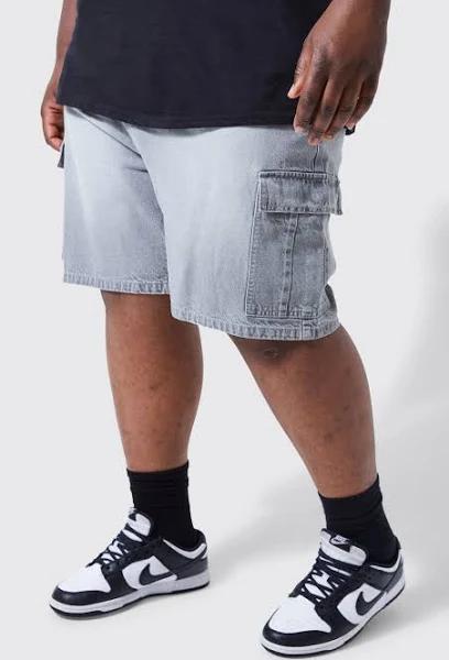 Mens Grey Plus Elastic Waist Relaxed Acid Wash Cargo Shorts
