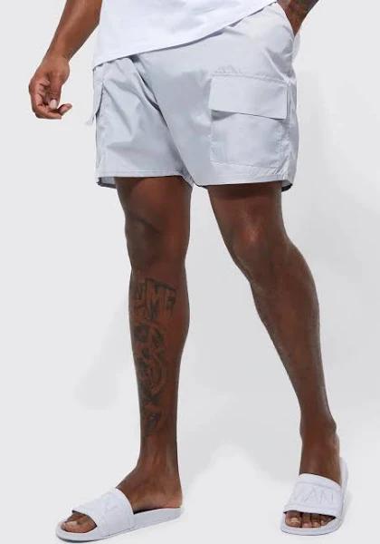 Mens Grey Plus Mid Length Cargo Swim Shorts