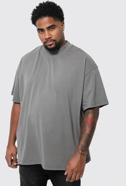Mens Grey Plus Oversized Extended Neck Heavy T-Shirt