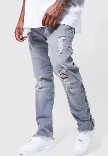 Mens Grey Plus Skinny Stretch Stacked Zip Gusset Rip Jeans