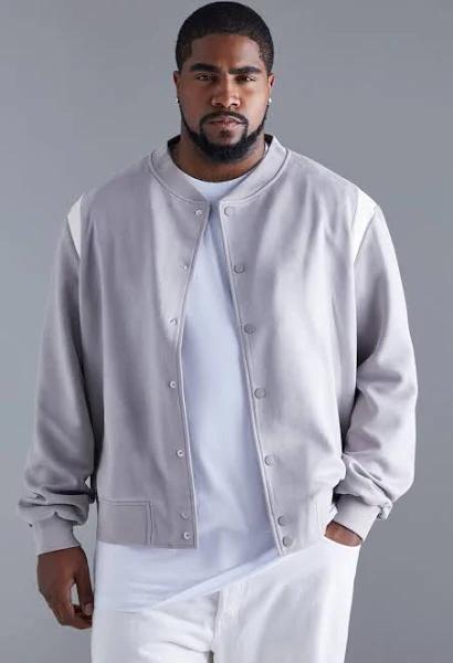 Mens Grey Plus Suedette Varsity Bomber