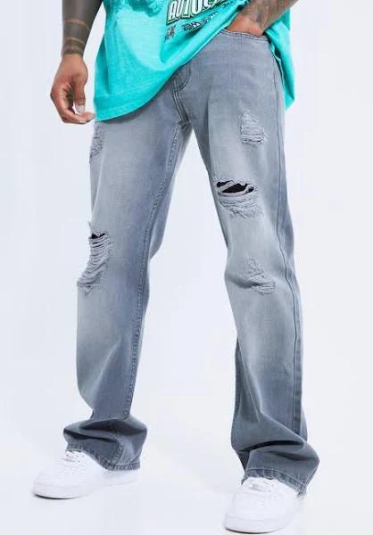 Mens Grey Relaxed Flare All Over Ripped Jeans