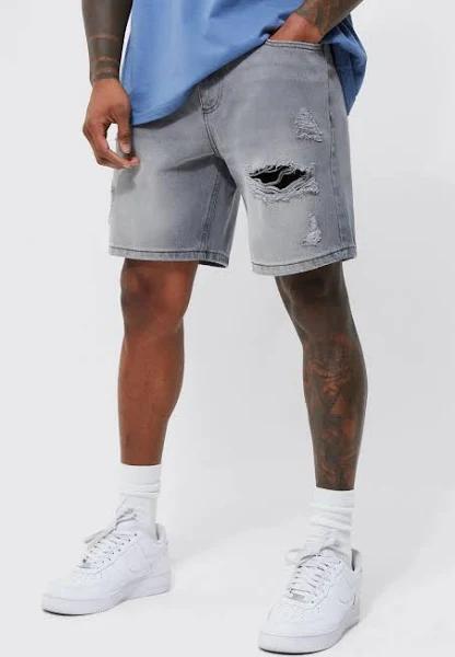 Mens Grey Relaxed Rigid All Over Rip Denim Shorts