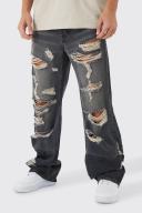 Mens Grey Relaxed Rigid Flare All Over Ripped Jeans