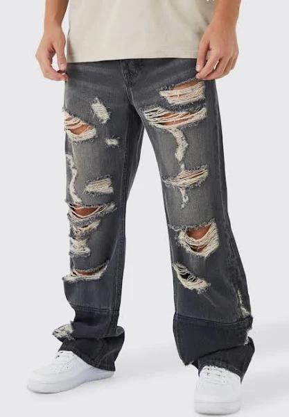 Mens Grey Relaxed Rigid Flare All Over Ripped Jeans