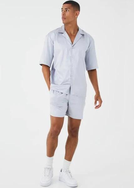 Mens Grey Short Sleeve Dropped Revere Satin Shirt & Short