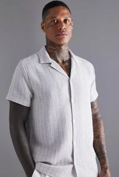 Mens Grey Short Sleeve Revere Textured Shirt