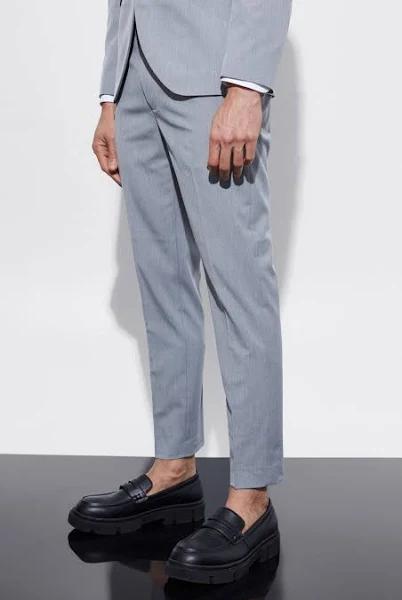 Mens Grey Skinny Cropped Suit Trousers
