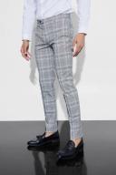 Mens Grey Skinny Fit Black Check Trouser With Pintuck
